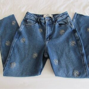 Hollister Blue Straight Leg Jeans with Subtle Floral Pattern